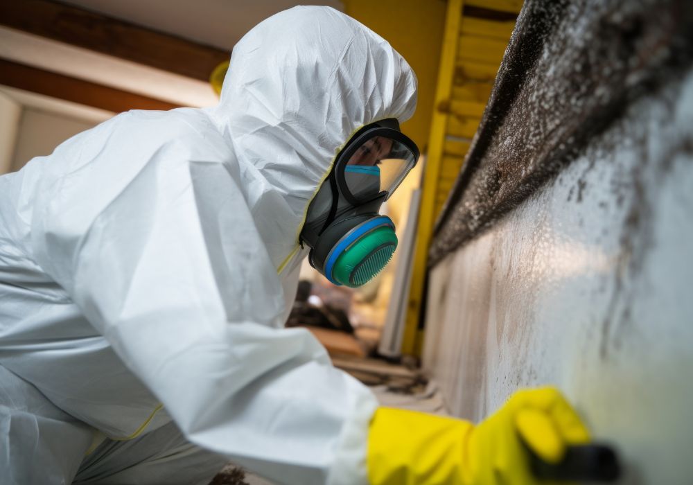 professional technician protective gear working remove mold from home