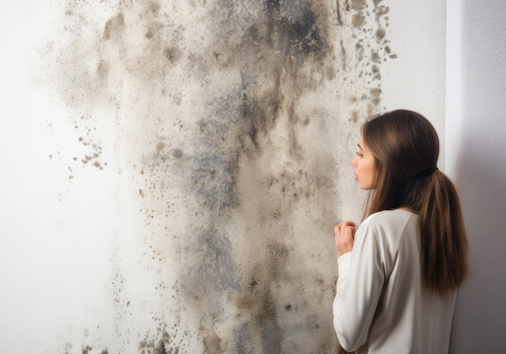 woman staring mold wall