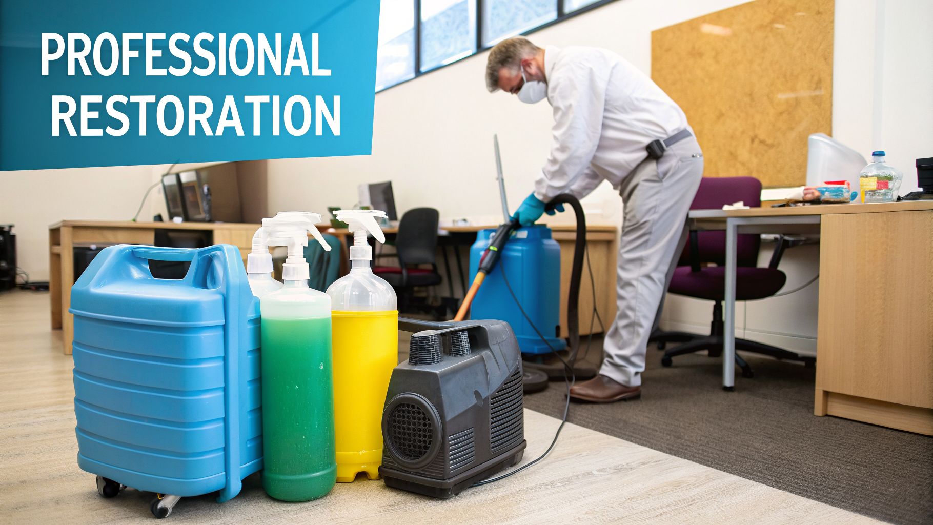Professional restoration worker cleaning office carpet with a wet vacuum and specialized equipment.