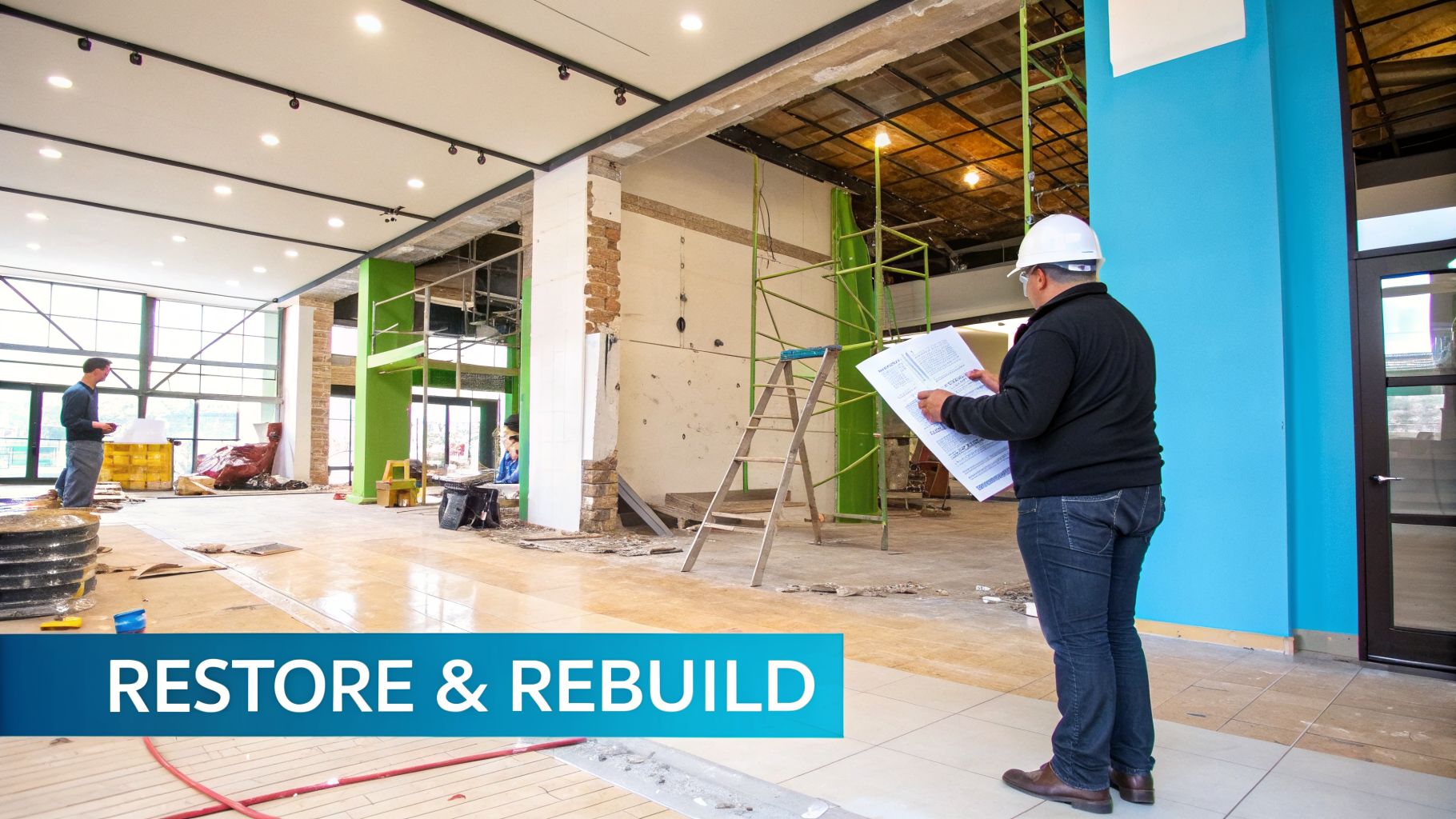 A construction worker in a hard hat reviews blueprints inside a commercial building undergoing restoration and rebuild.