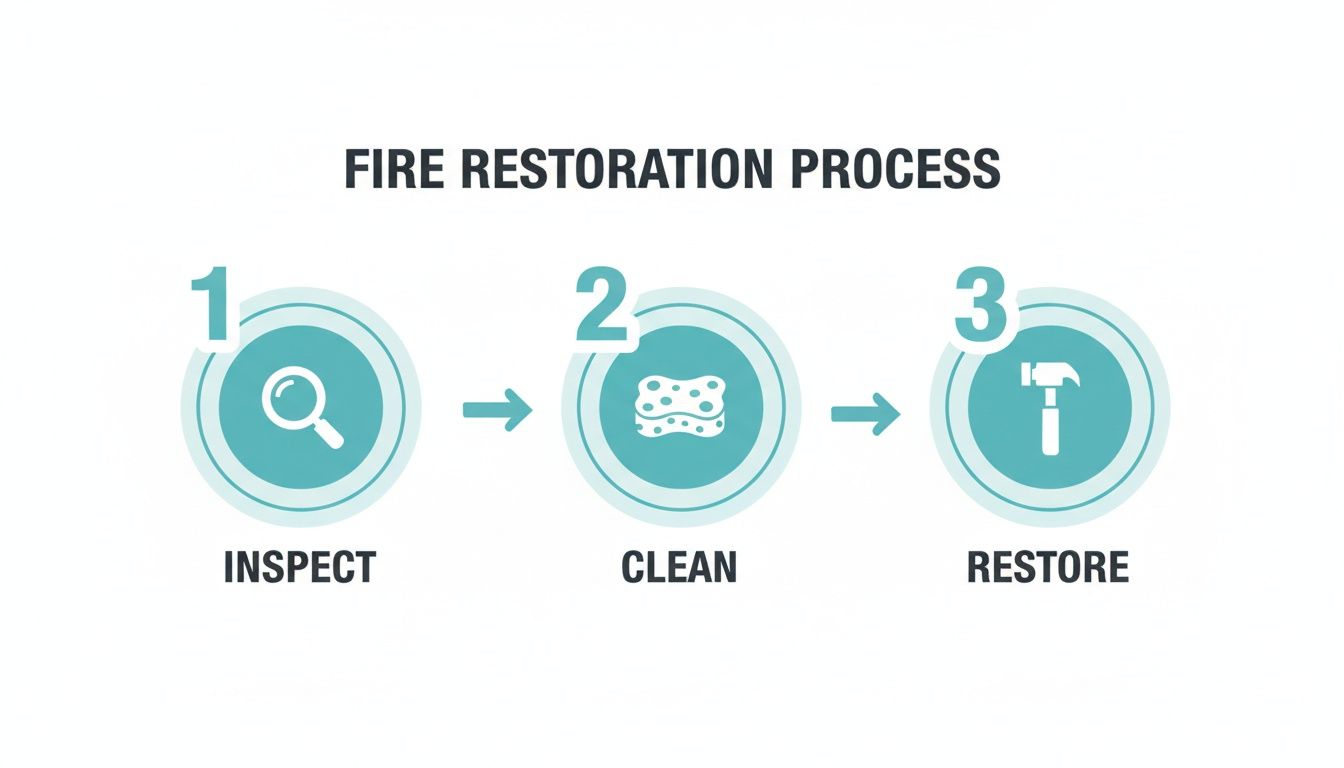 A visual guide illustrating the fire damage restoration process with three key steps: inspect, clean, restore.