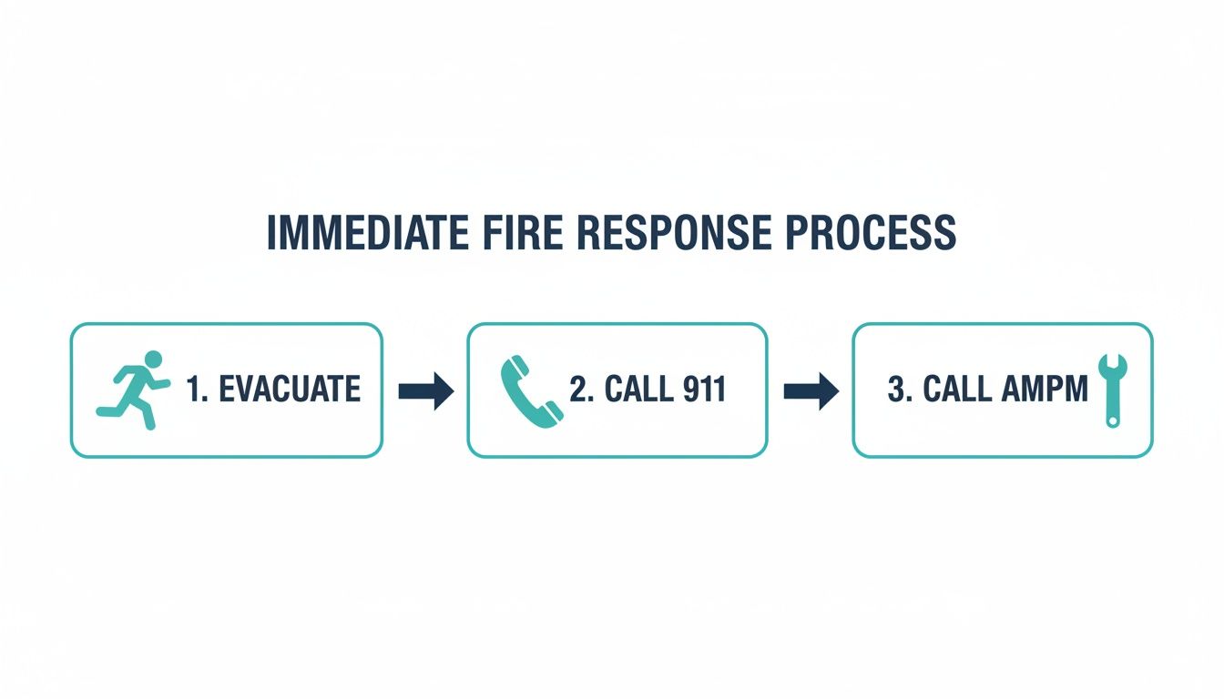 Infographic showing immediate fire response steps: 1. Evacuate, 2. Call 911, 3. Call AMPM.
