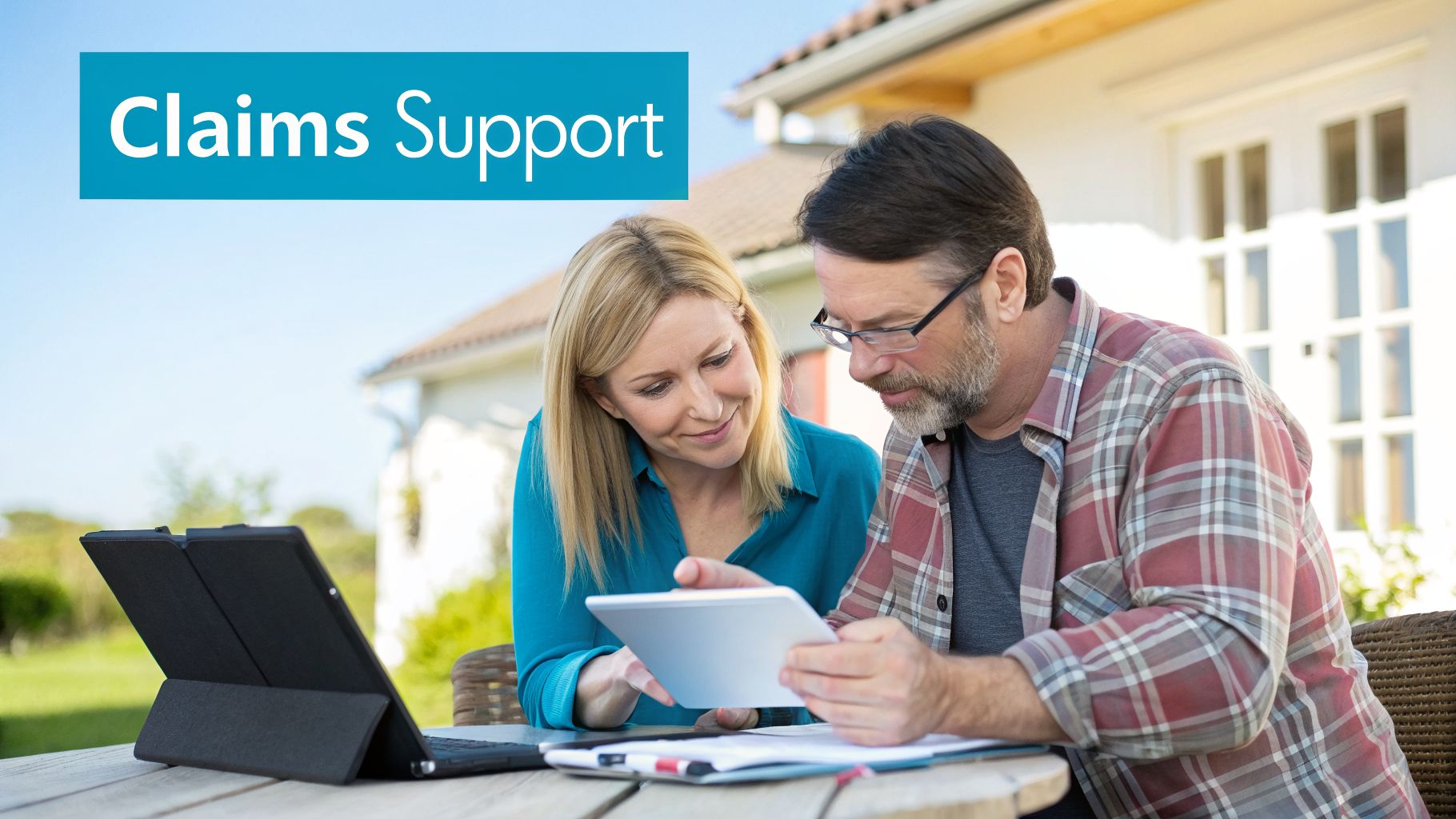 A smiling couple reviews information on a tablet outdoors, with 'Claims Support' text.