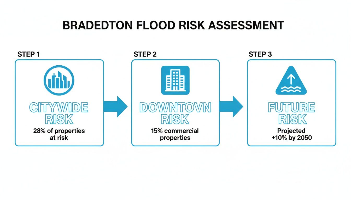 Bradenton flood risk assessment flowchart detailing citywide, downtown, and future flood projections.