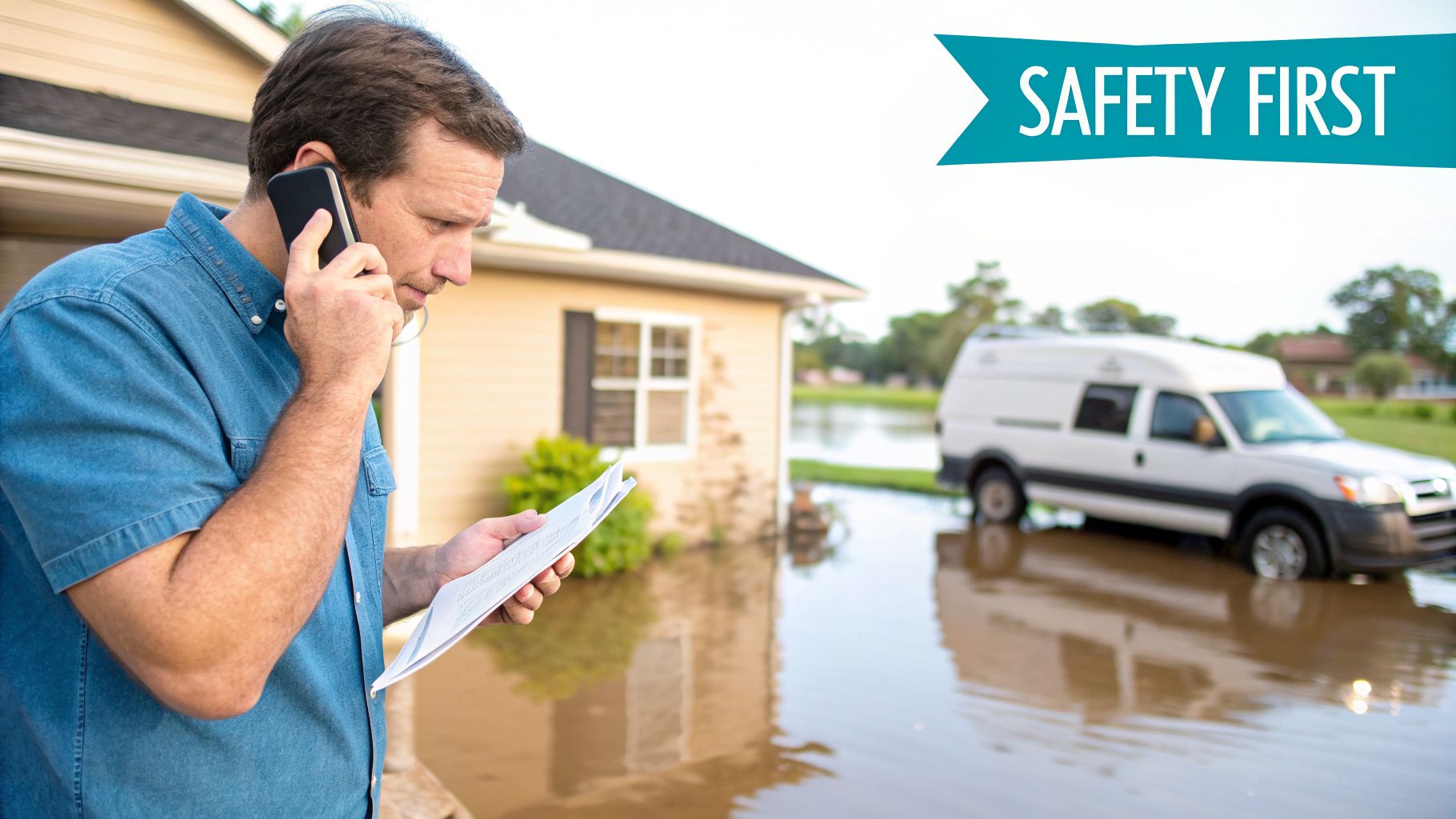 Man on phone holds papers, assessing flood damage to house and van, with 'Safety First' banner.