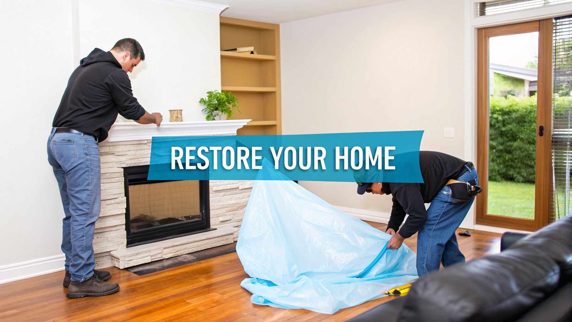 Two workers are restoring a home, one tending to a fireplace, the other covering the floor with a blue tarp.