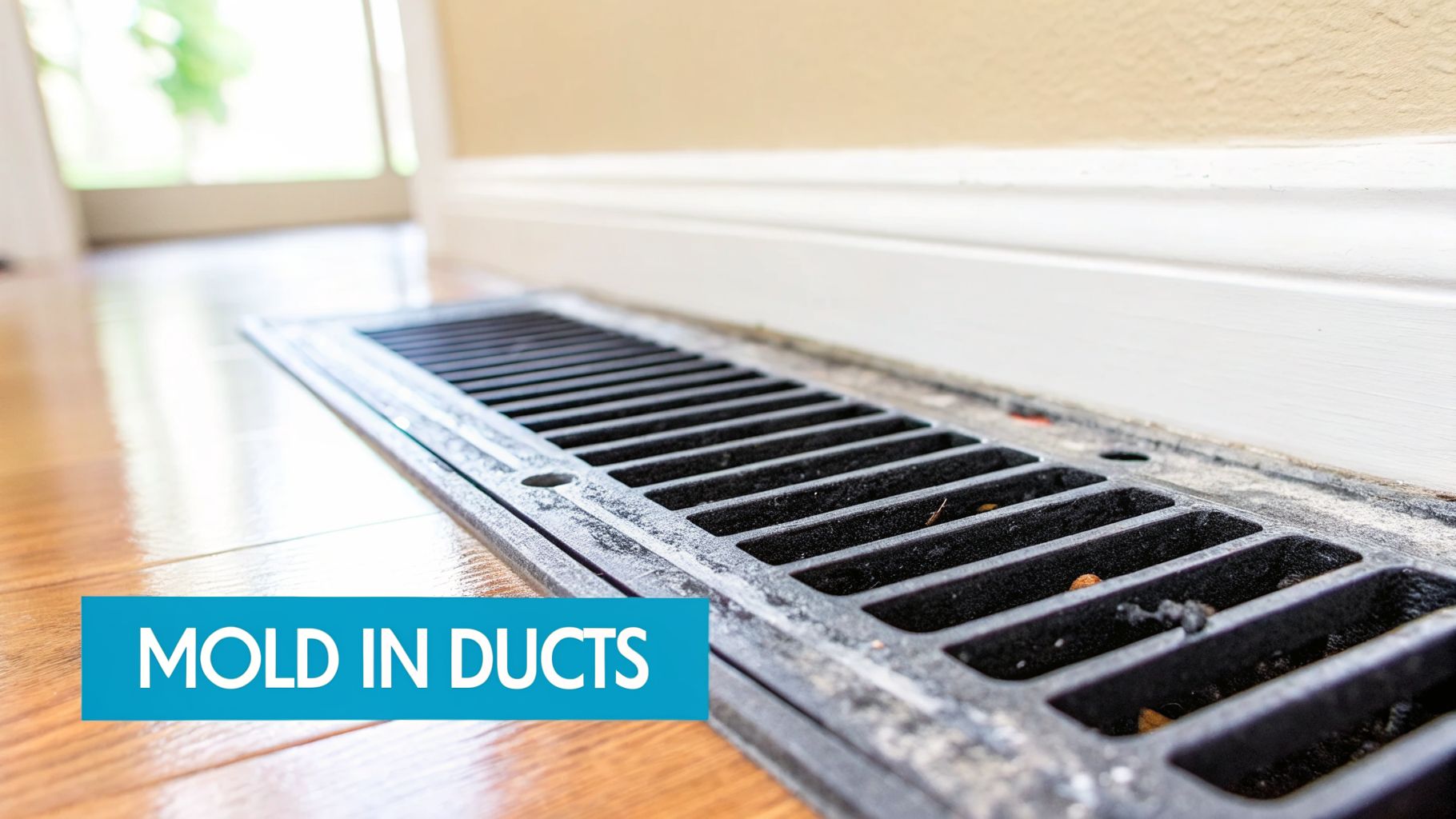 Close-up of a dusty air vent on a hardwood floor, illustrating potential mold in air ducts.