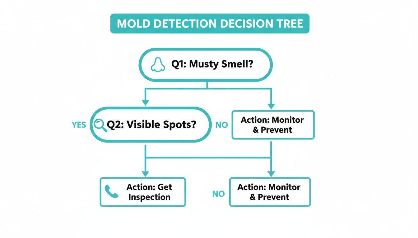 A mold detection decision tree flowchart detailing steps based on musty smell and visible spots.