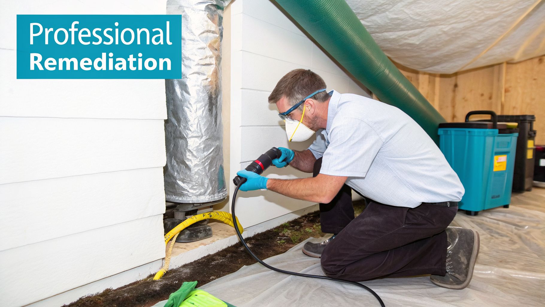 A professional in protective gear remediating an area with equipment, likely for mold or water damage.