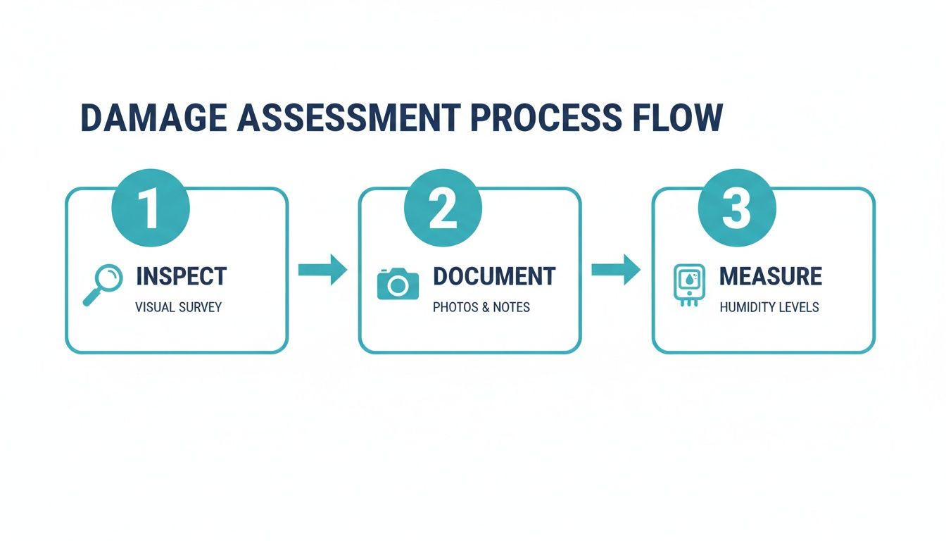 Flowchart outlining a 3-step damage assessment process: Inspect, Document, and Measure humidity levels.