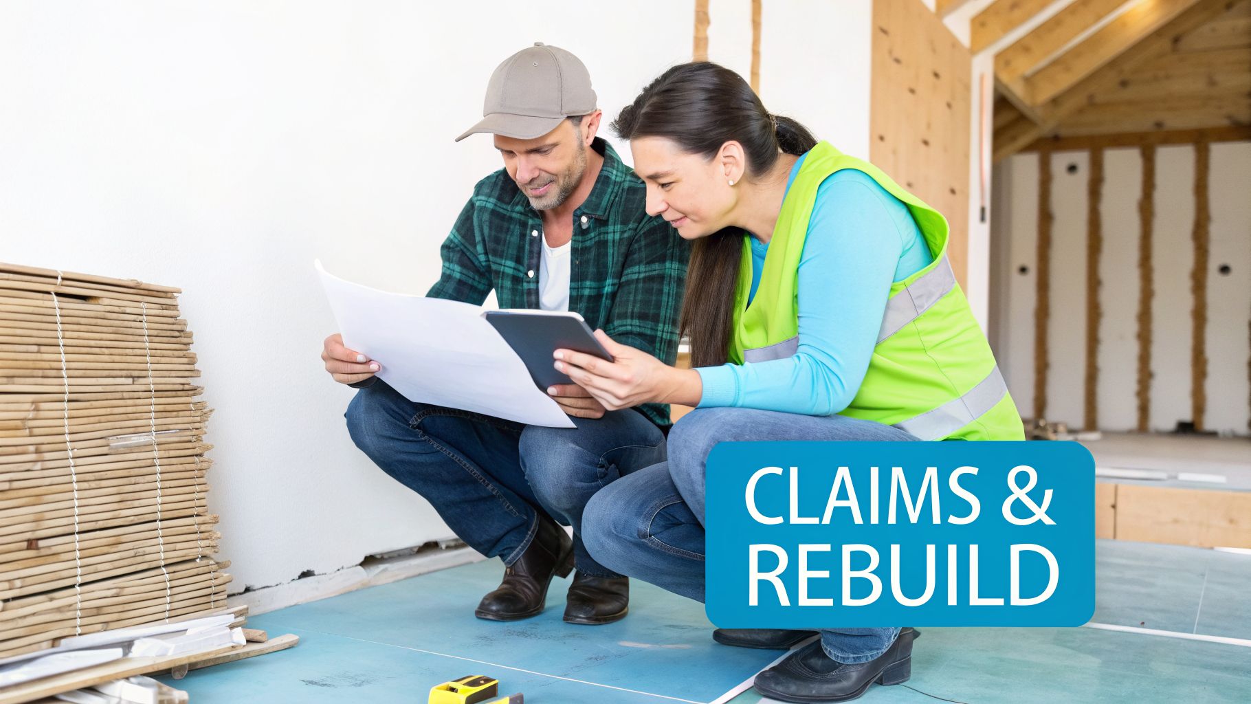 Two construction professionals review plans on a tablet at a rebuild site, symbolizing claims and reconstruction.