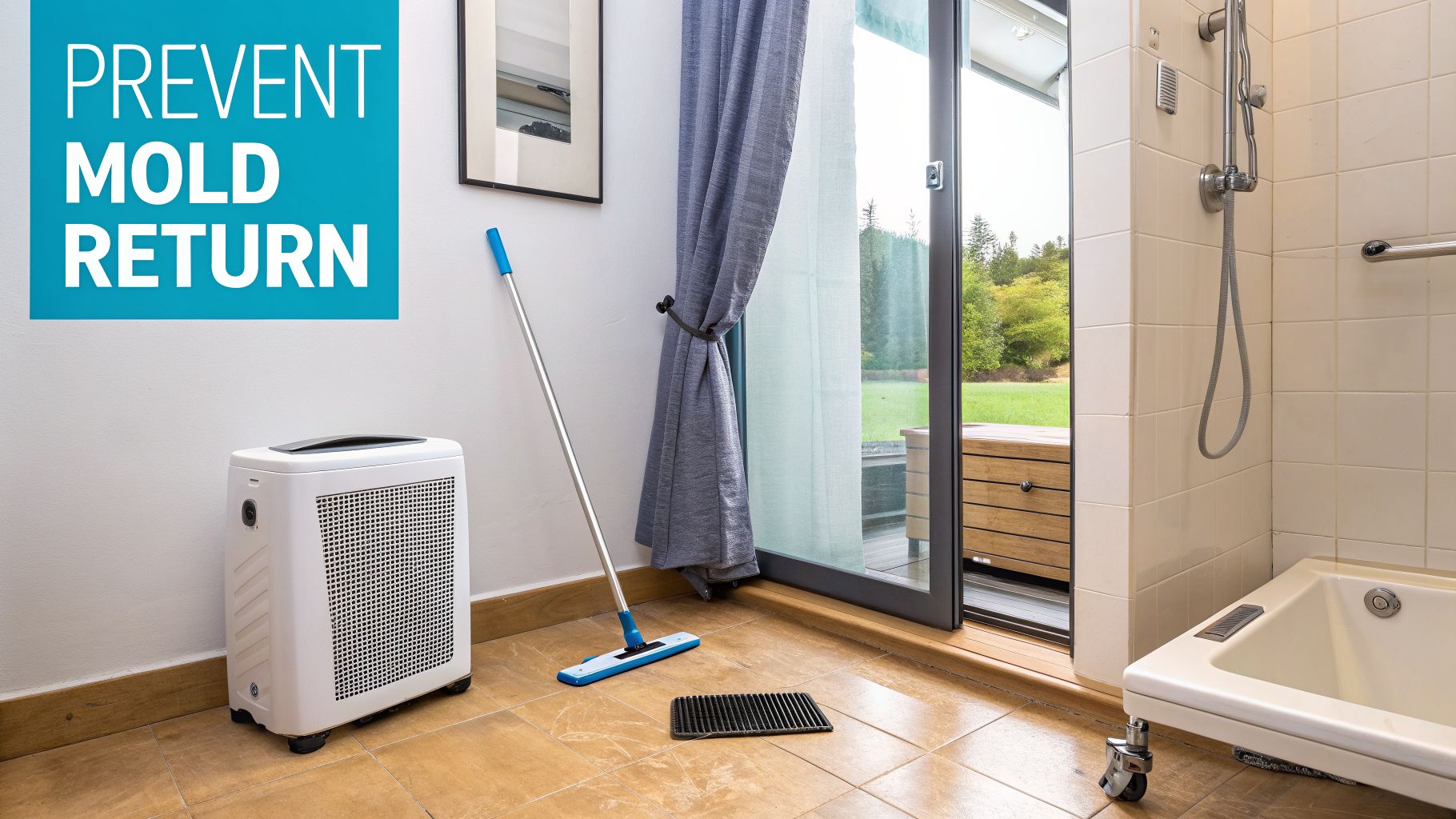 Bathroom with a dehumidifier, mop, and 'PREVENT MOLD RETURN' sign to combat moisture and mold.