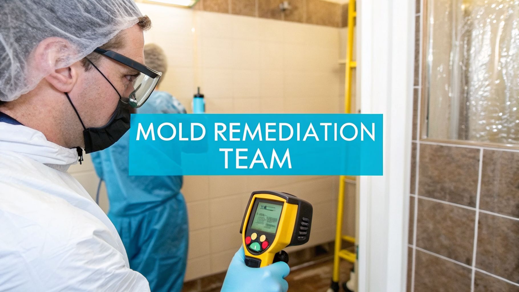 Mold remediation team member in protective gear using a thermal camera in a bathroom.