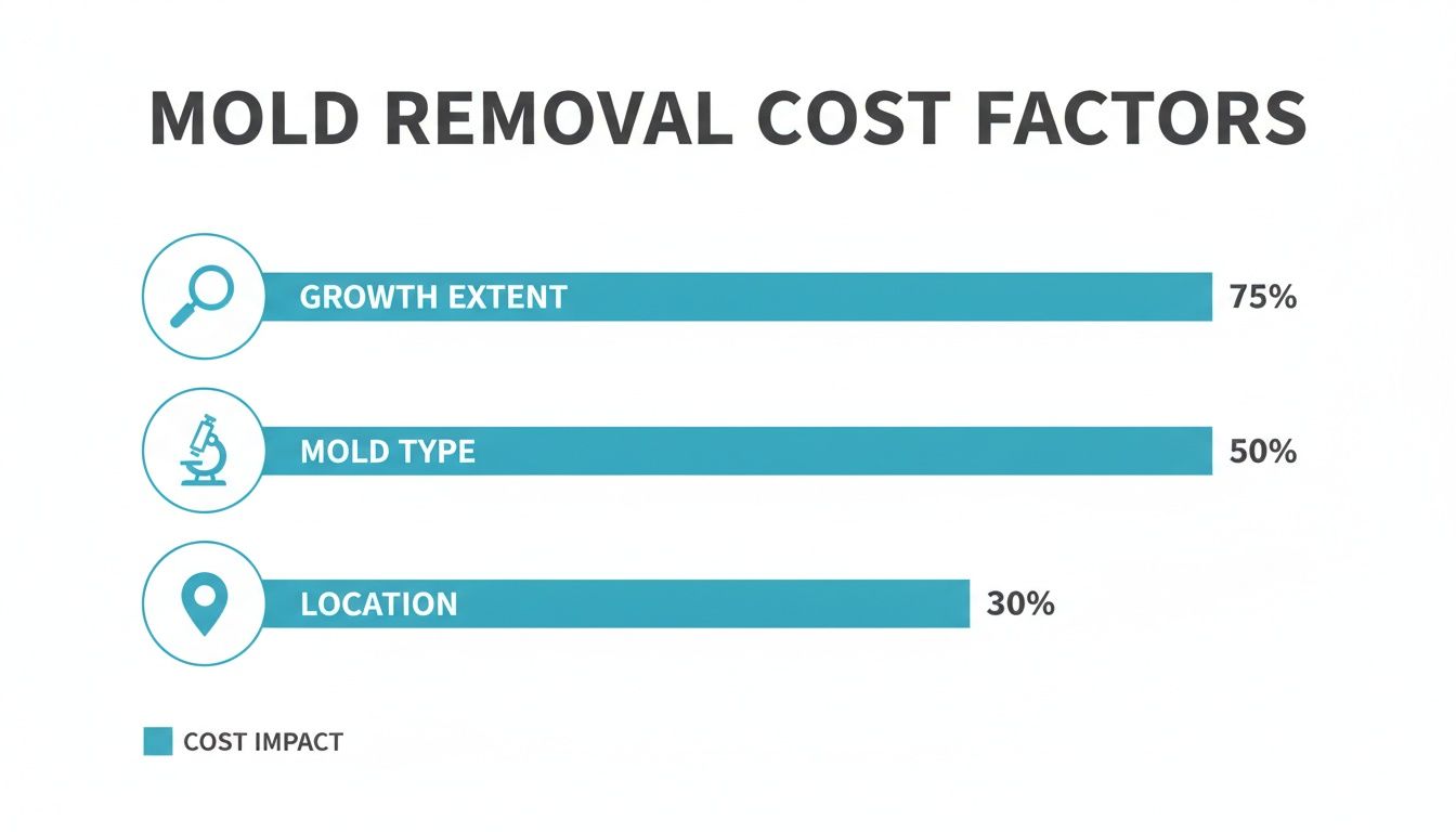 Infographic showing mold removal cost factors: growth extent (75%), mold type (50%), and location (30%).
