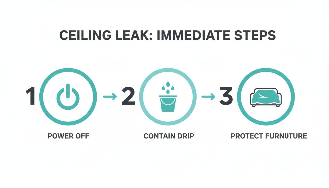 Infographic outlining three immediate steps for a ceiling leak: power off, contain drip, and protect furniture.