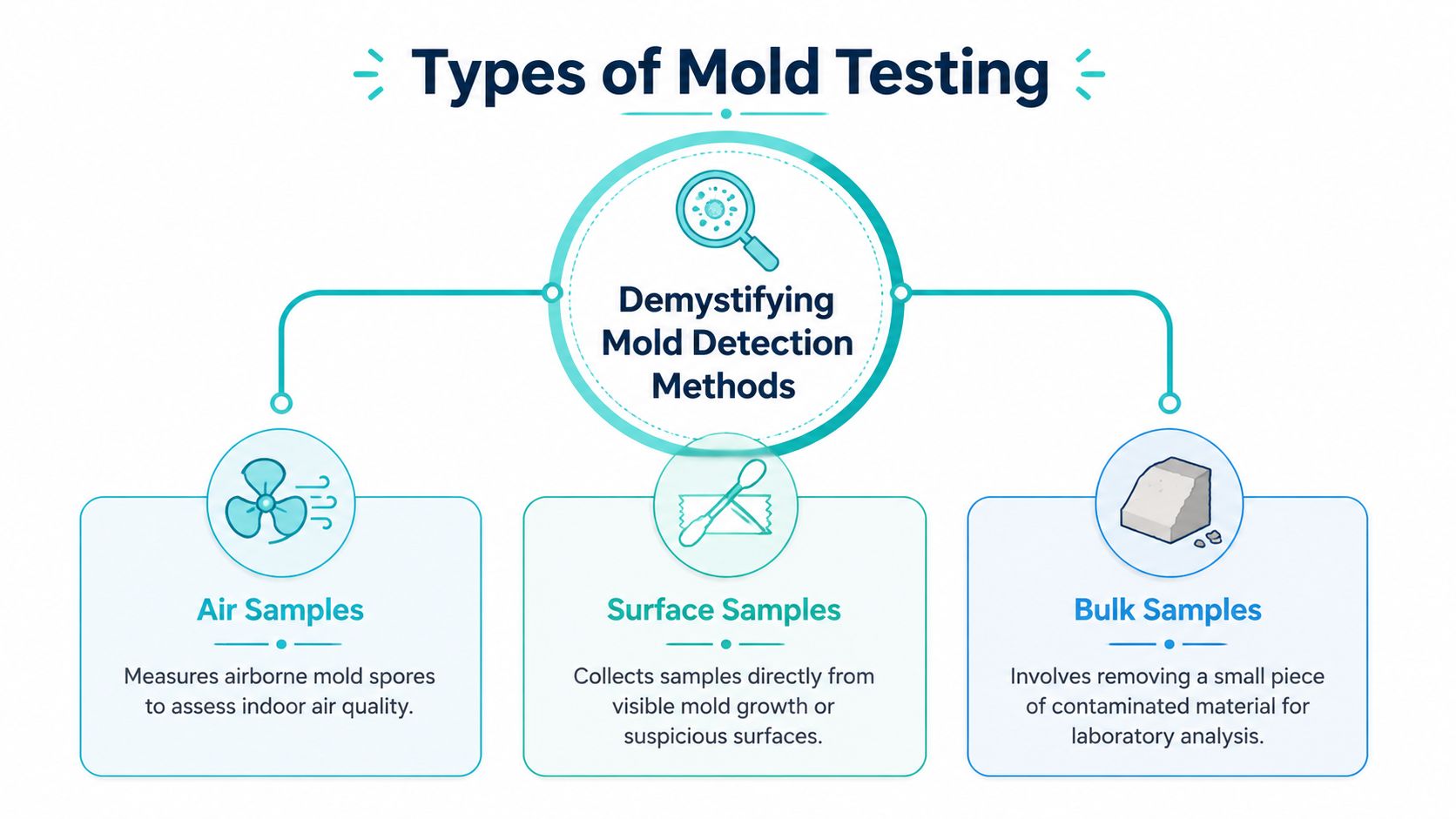 An infographic showing the three main types of mold testing: air, surface, and bulk samples.