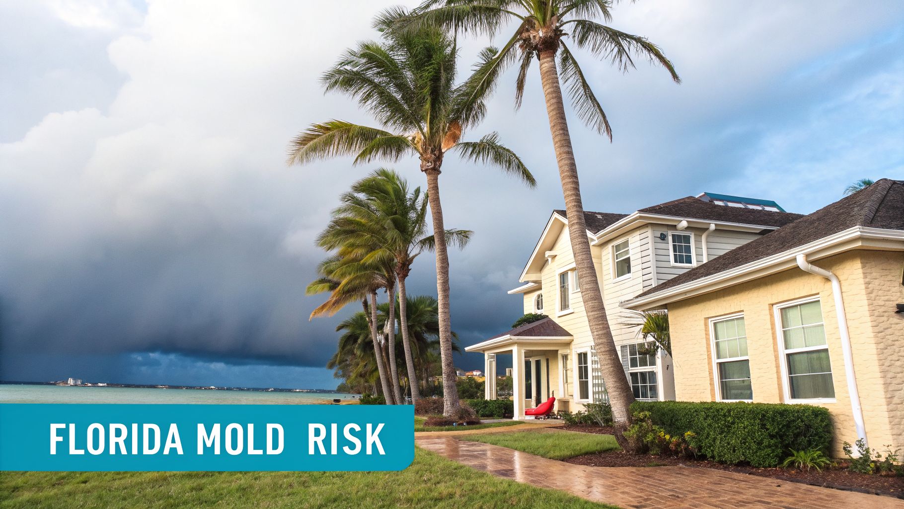 Coastal homes in Florida with palm trees under a dark, stormy sky, hinting at mold risk.