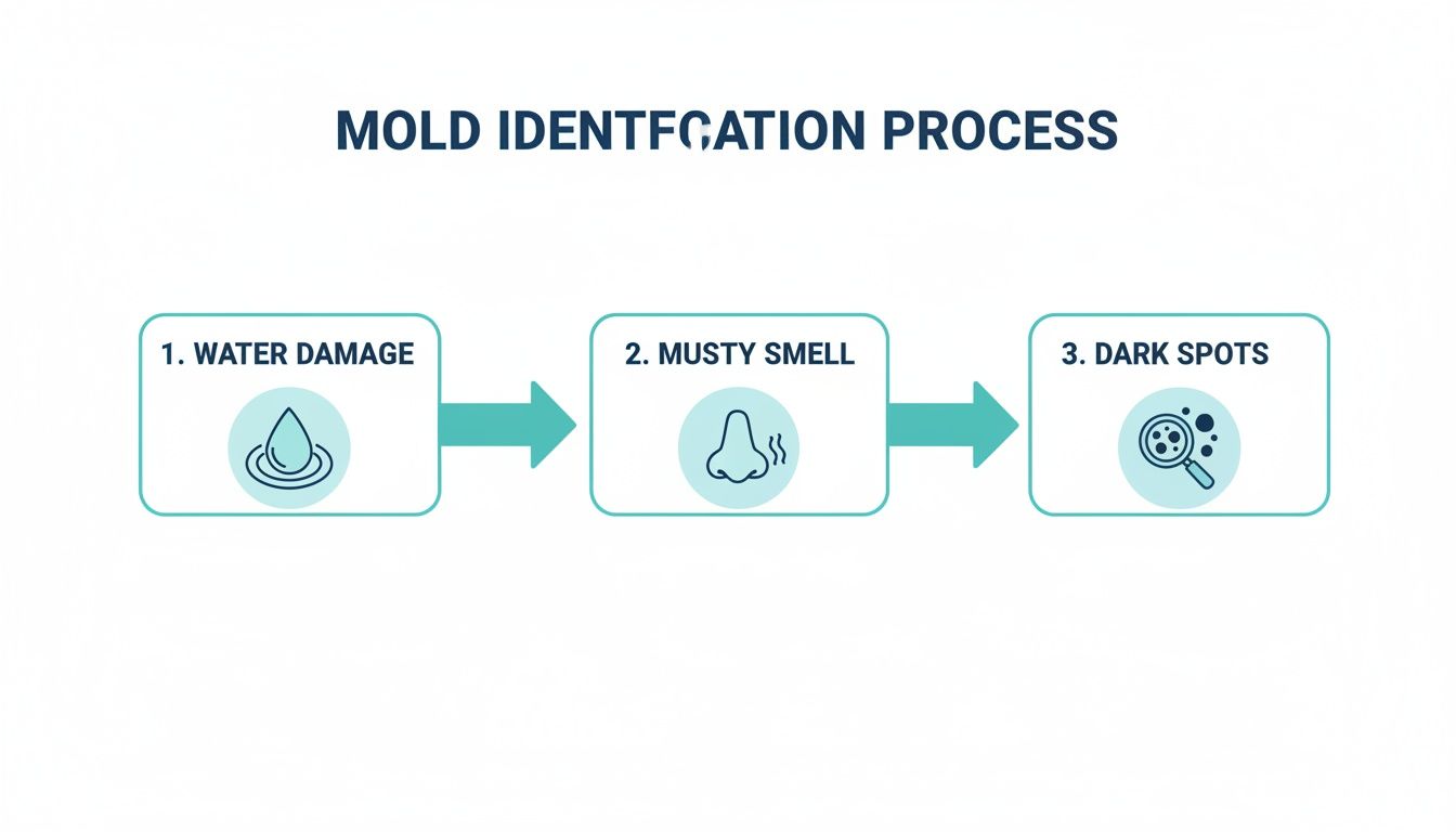 A flowchart showing the mold identification process with steps: water damage, musty smell, and dark spots.