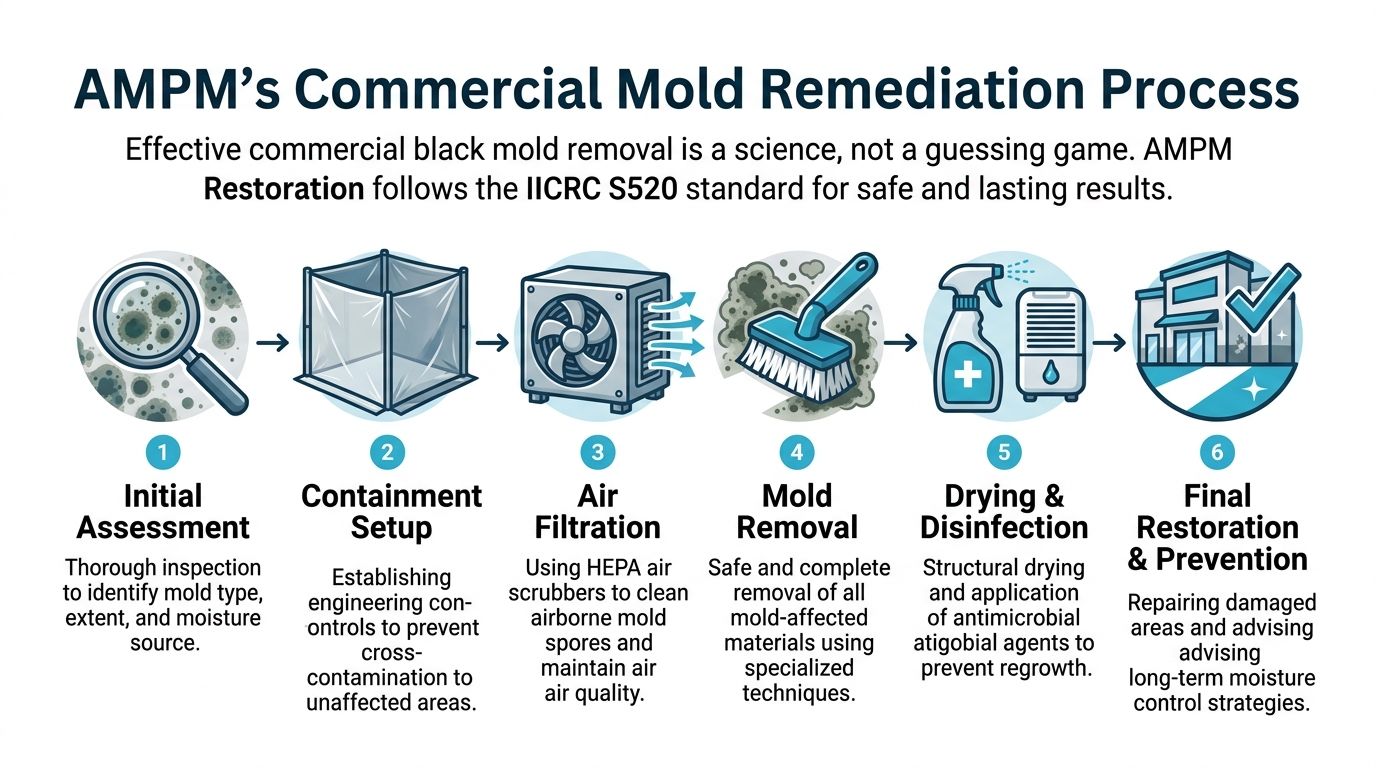 A six-step infographic detailing the professional commercial black mold remediation process performed by AMPM Restoration services.