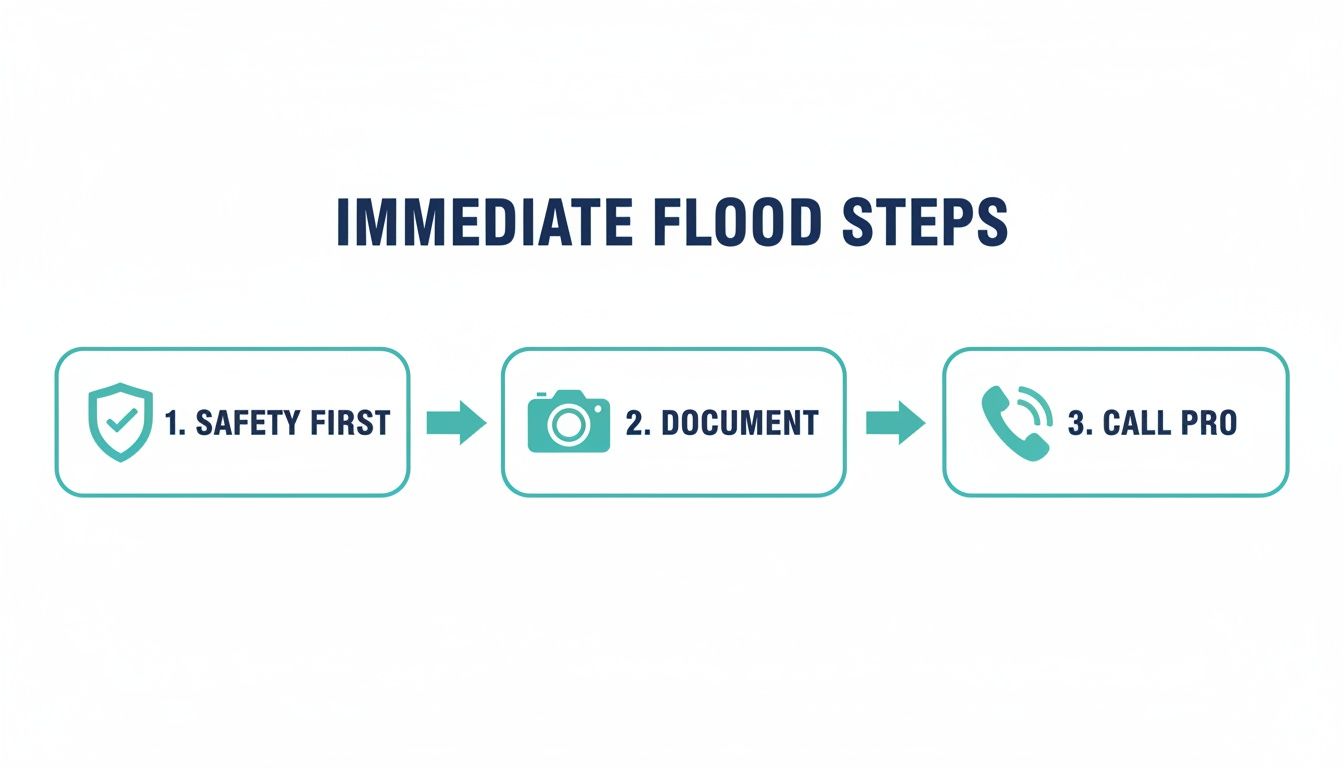 Infographic detailing three immediate steps to take after a flood: safety first, document damage, and call a professional.