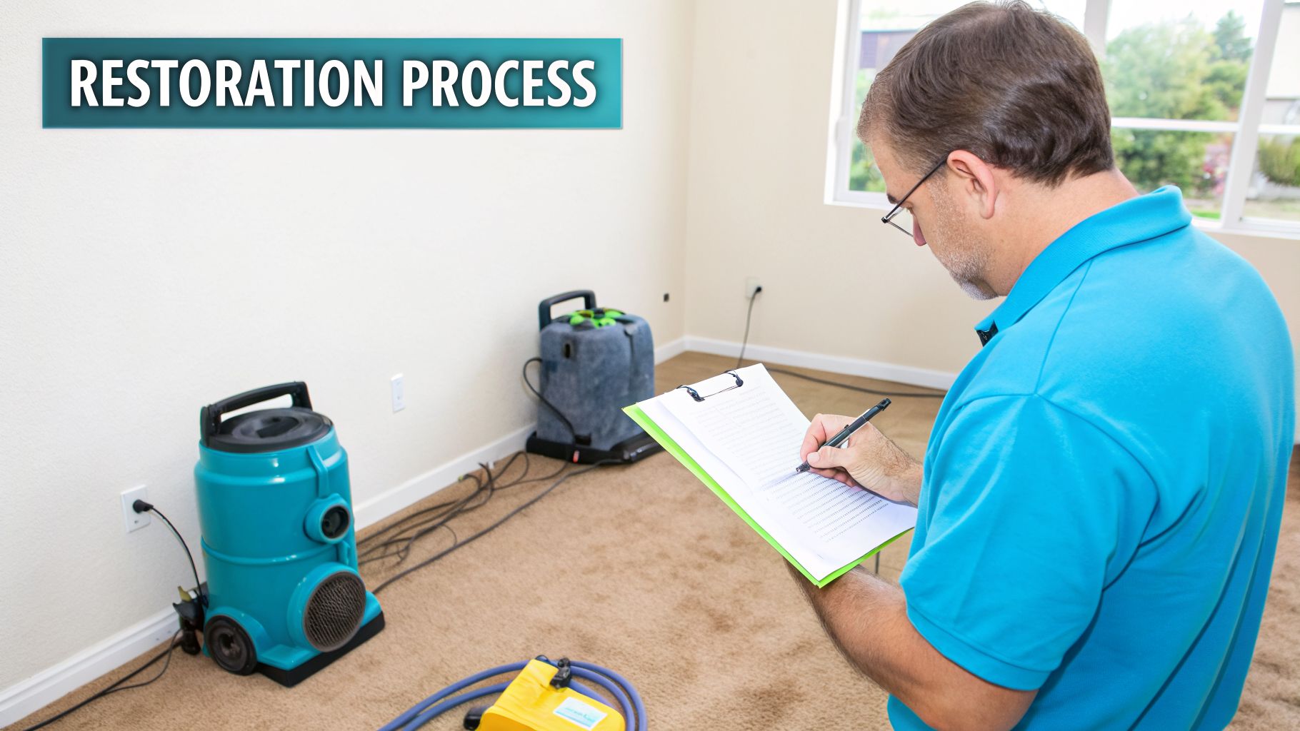 A man inspects a room with water damage restoration equipment and carpet, labeled "RESTORATION PROCESS."
