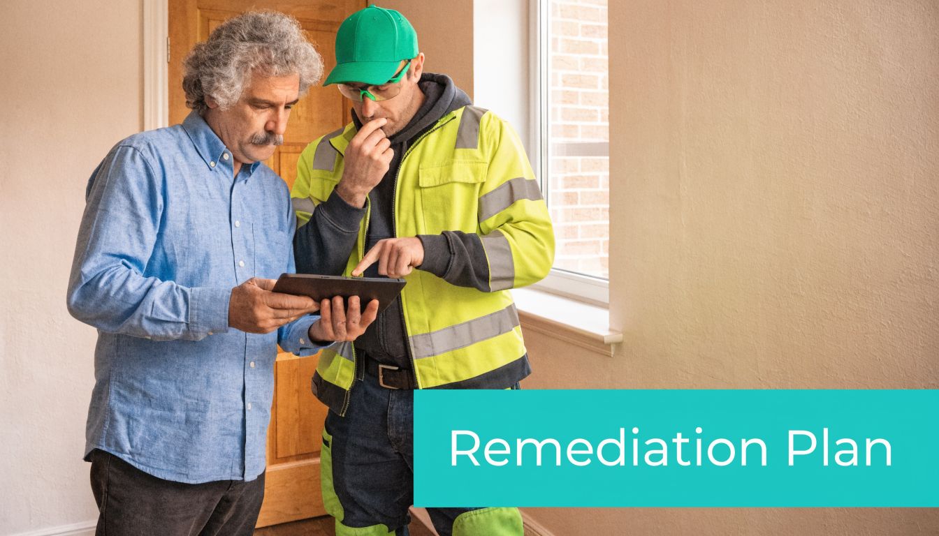 A home inspector and a homeowner discuss a remediation plan while viewing a tablet screen together.