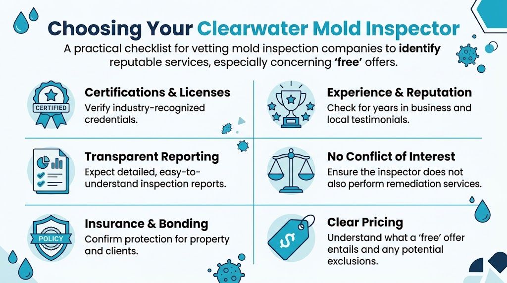 A checklist for choosing a reputable mold inspector in Clearwater, highlighting essential vetting criteria for homeowners.