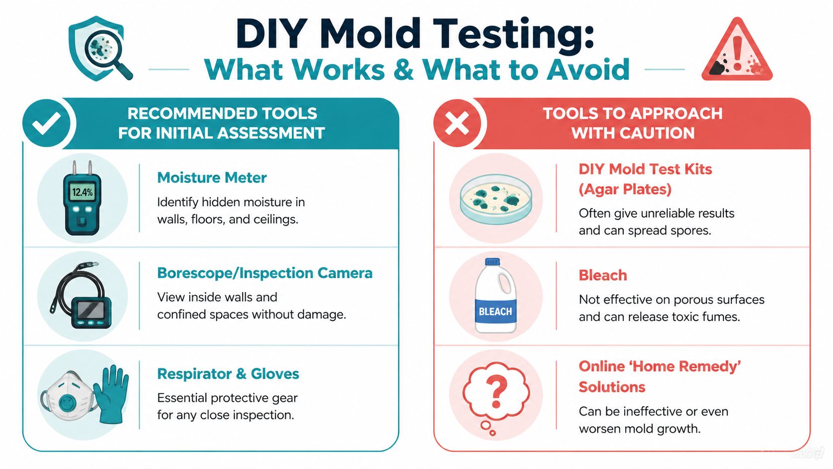 An infographic titled DIY Mold Testing comparing recommended tools like moisture meters with unreliable home test methods.