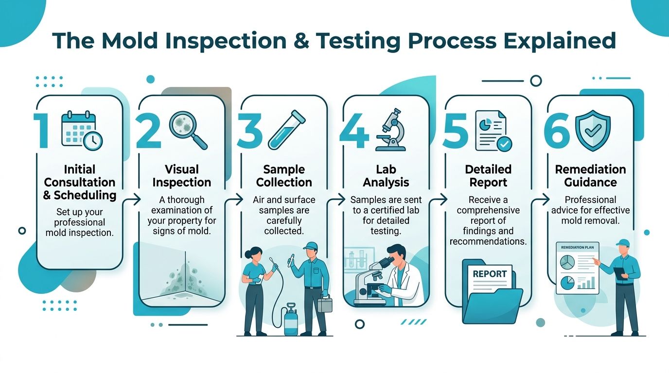 A flowchart infographic titled The Mold Inspection and Testing Process illustrating six steps for property mold assessment.