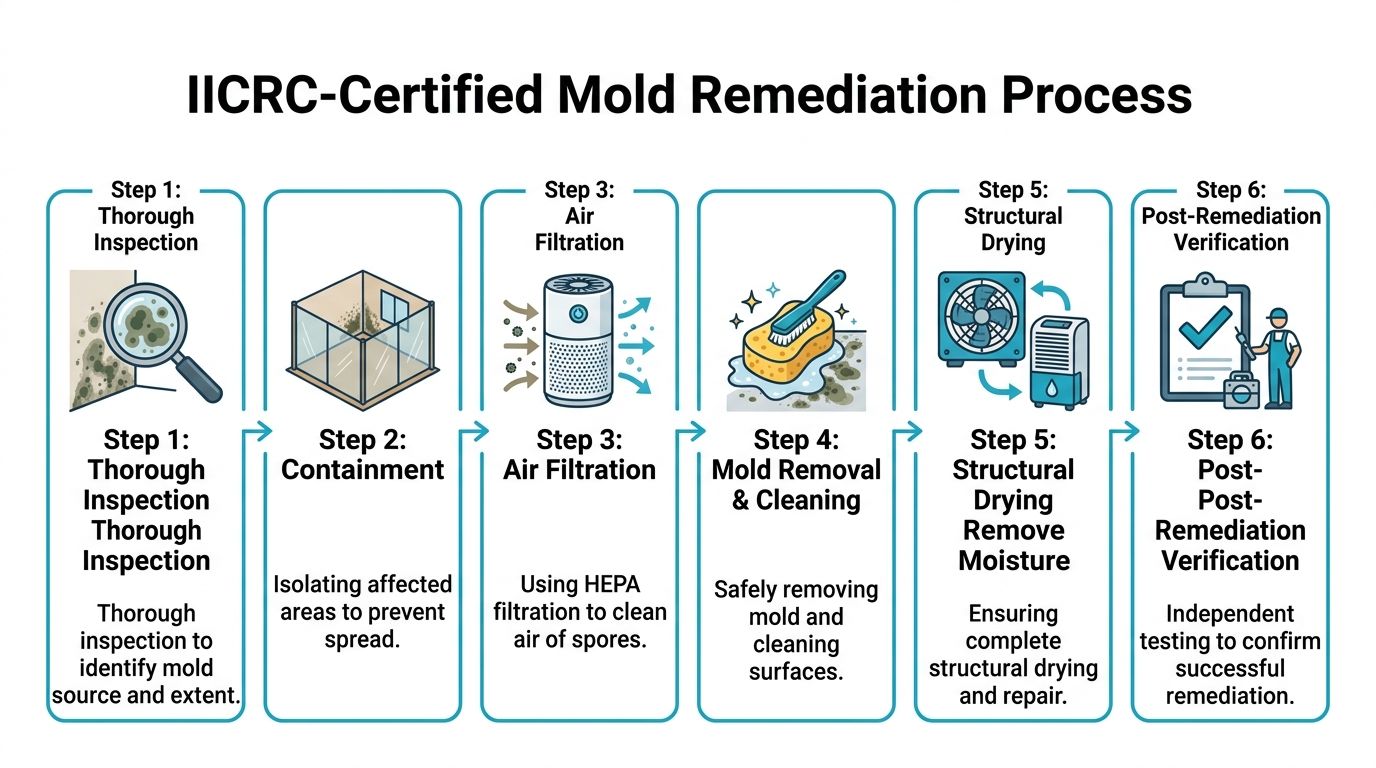 An infographic showing the six steps of the IICRC-certified mold removal and remediation process for property owners.