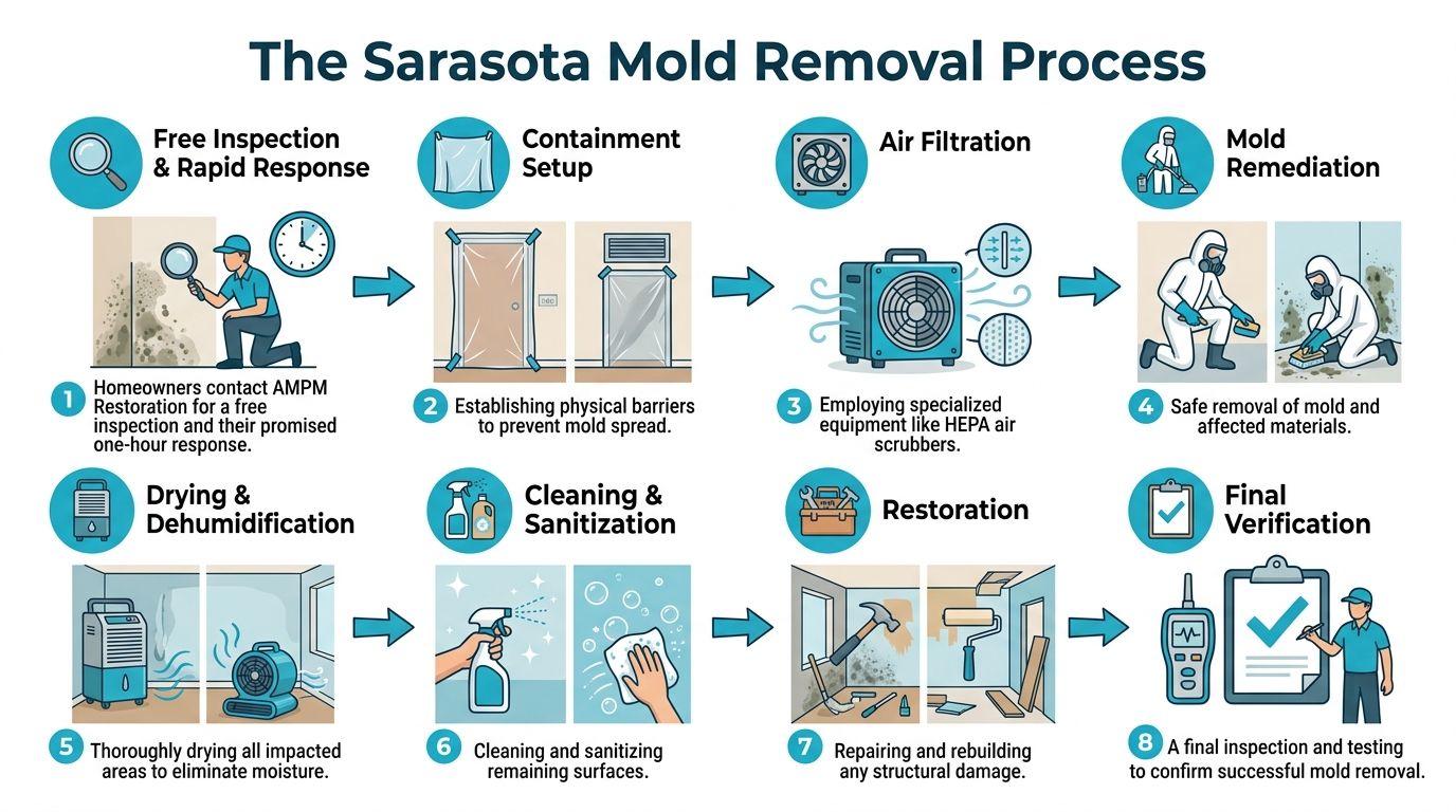 An infographic showing the step-by-step professional mold removal process in Sarasota, from inspection to final verification.