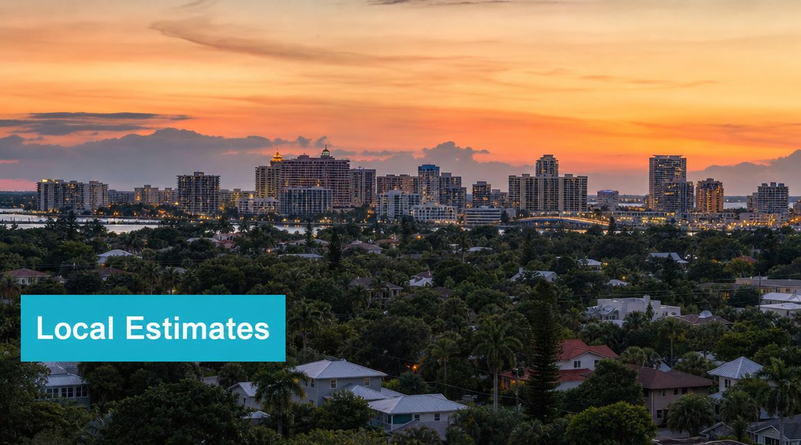 A breathtaking aerial sunset view of a coastal city skyline featuring residential homes and high-rise buildings.