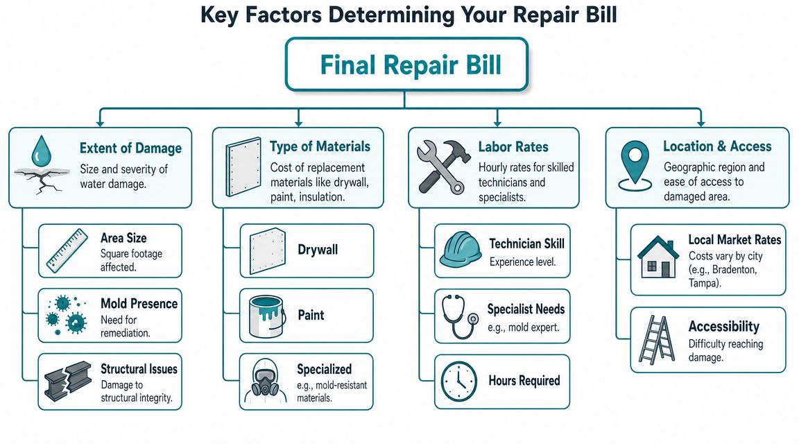 A flowchart detailing the key factors influencing the final bill for water damage repairs in a home.