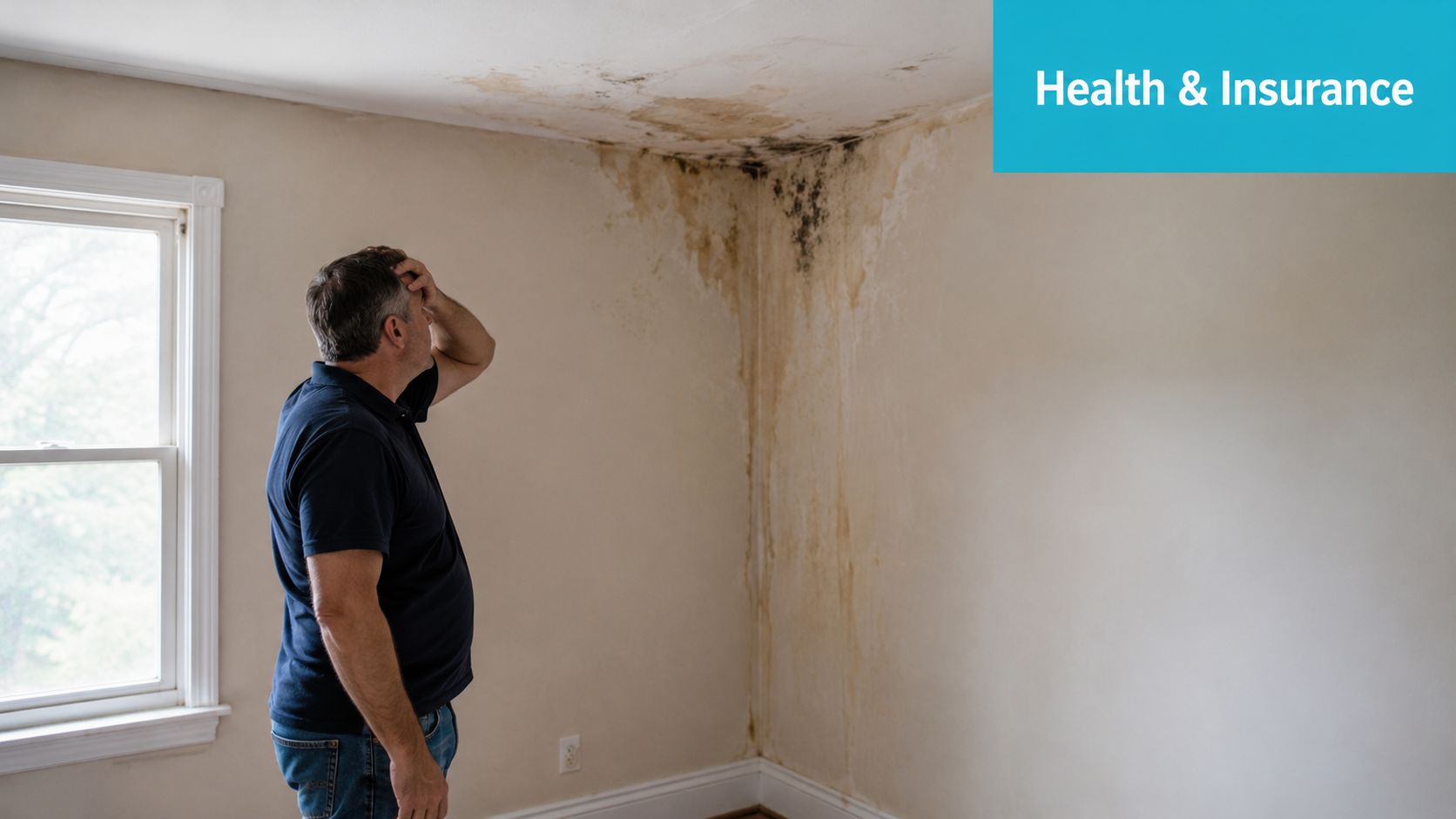 A concerned man stands in a room observing water damage and black mold on the ceiling corner.