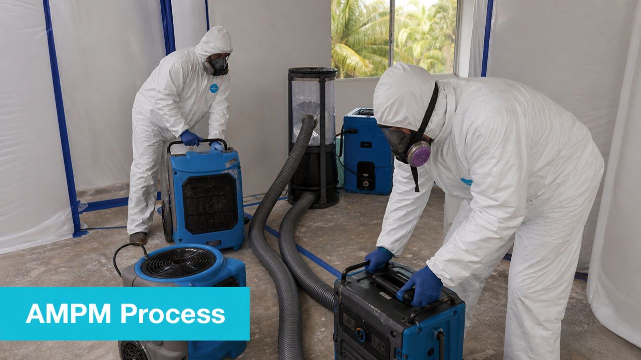 Two professionals in protective suits perform environmental mold remediation using specialized air scrubbing and drying equipment.