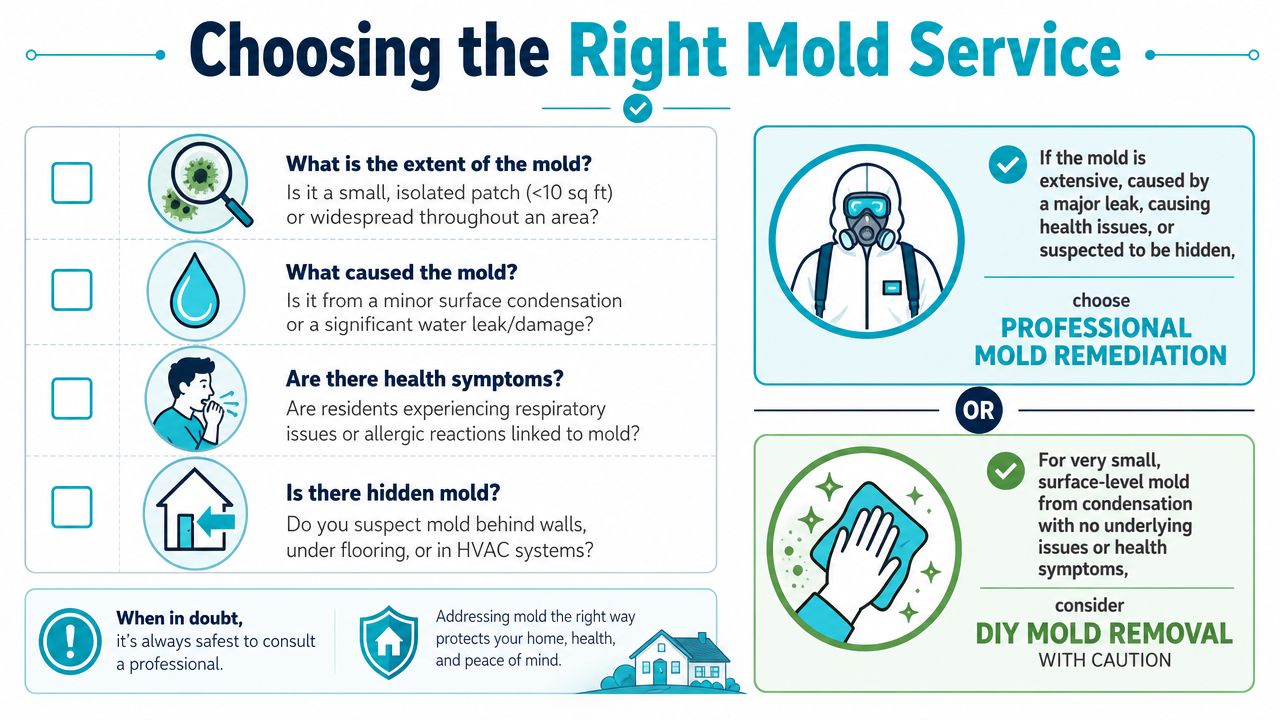 An infographic titled Choosing the Right Mold Service comparing professional mold remediation versus DIY mold removal.