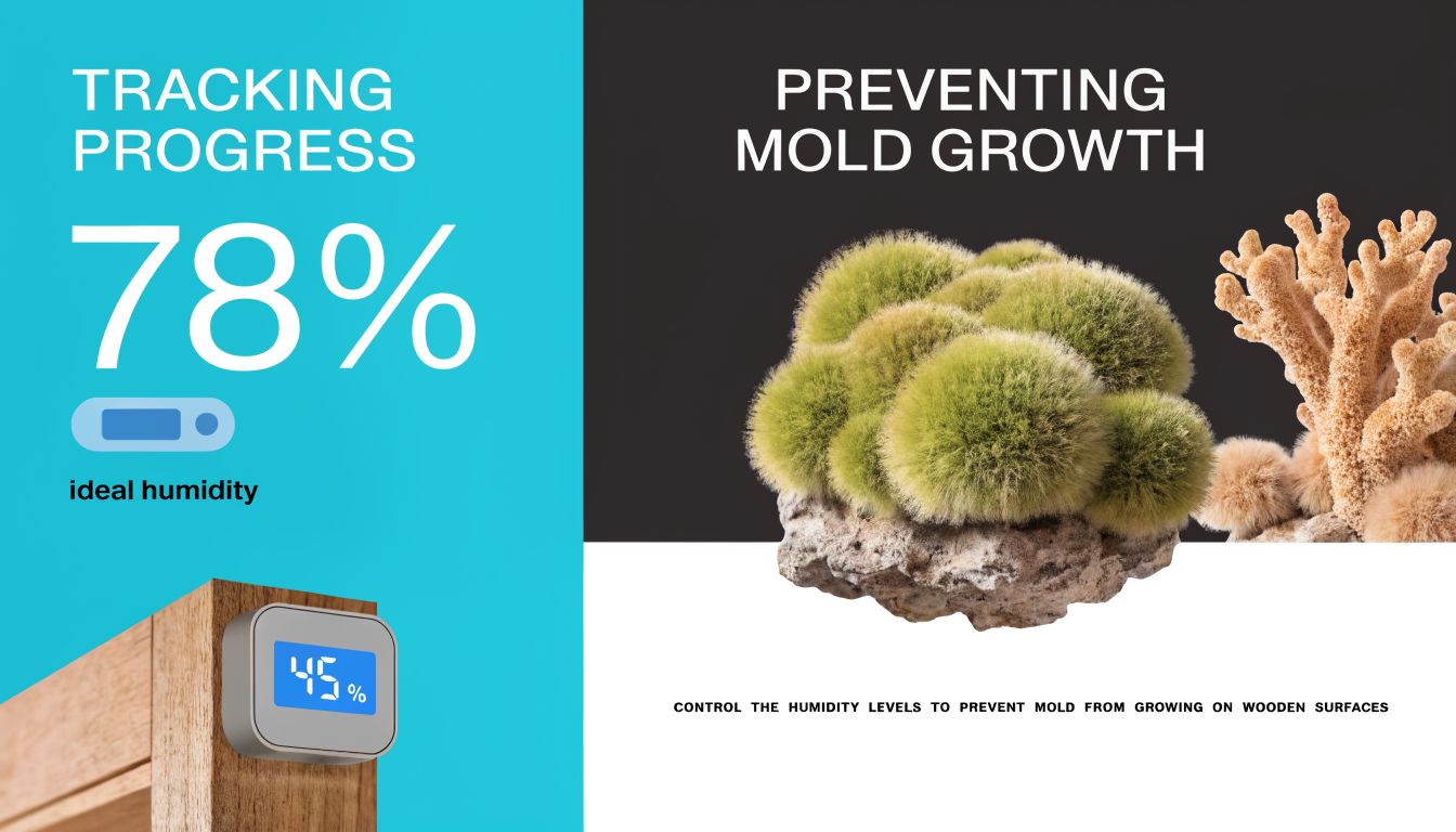 A digital display shows forty-five percent humidity on a wooden surface with text about preventing mold growth.