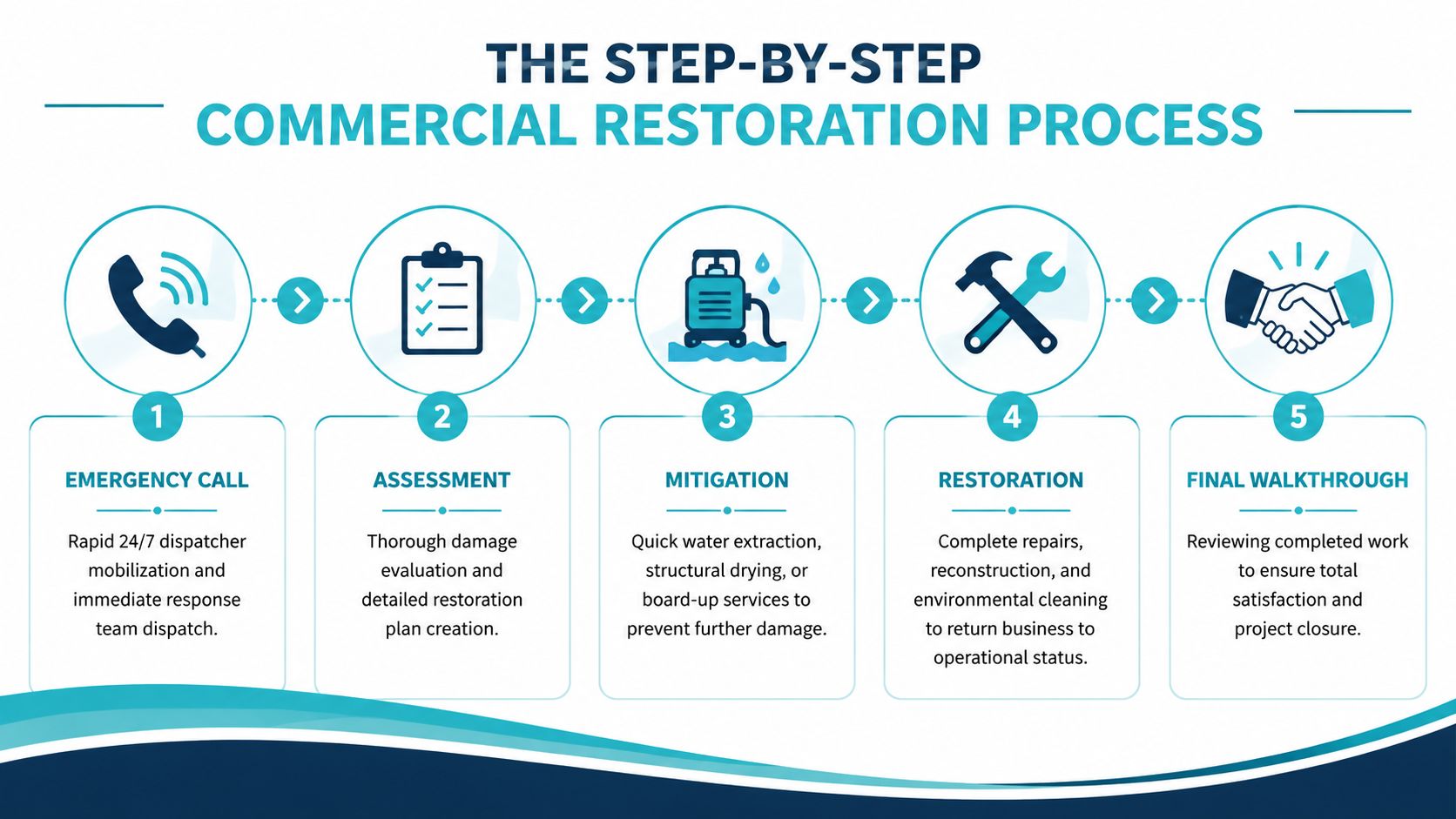 A five-step infographic showing the commercial restoration process from emergency call to final project walkthrough.