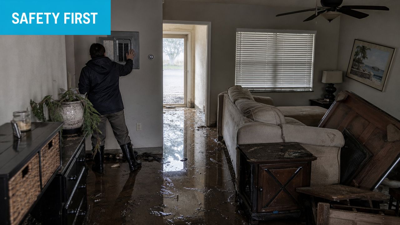 A person wearing rubber boots inspects a fuse box in a home flooded after a hurricane.