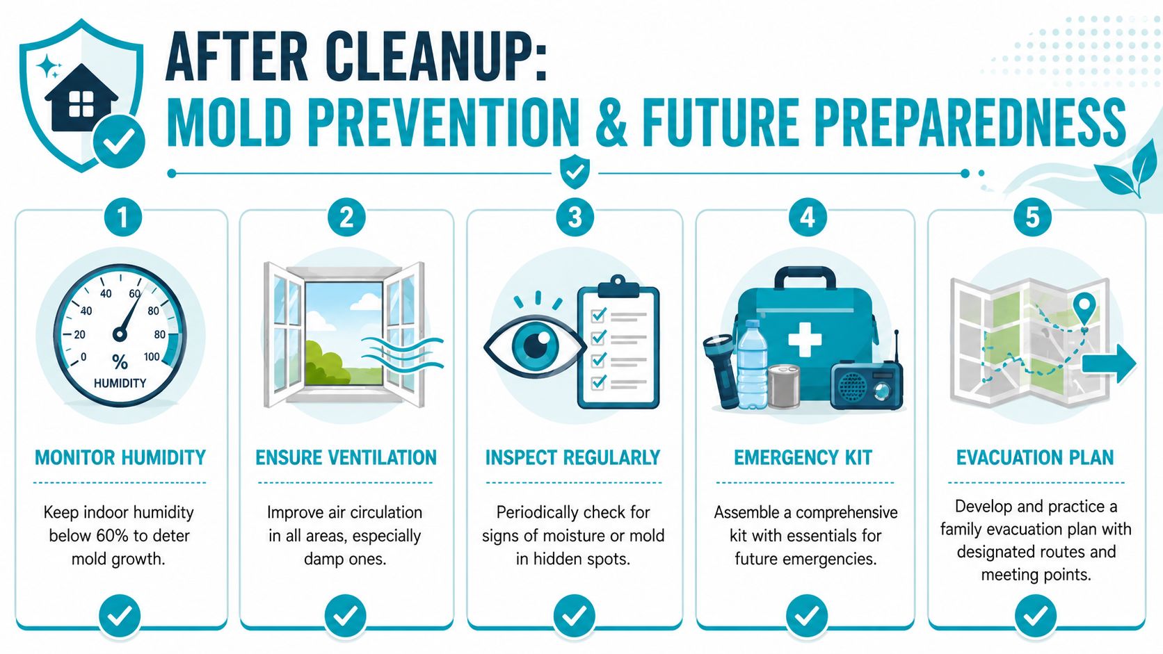 A checklist infographic detailing five essential steps for home mold prevention and emergency preparedness after cleaning.