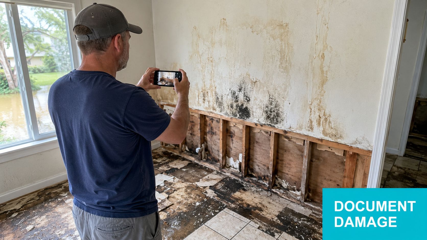 A man uses his phone to document water damage and mold growth inside a flooded house.