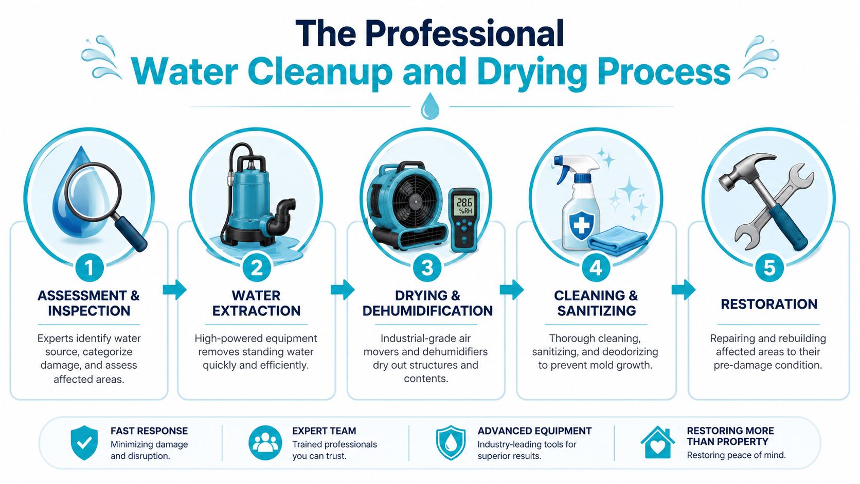 A five-step infographic detailing the professional process of emergency water damage cleanup, drying, and property restoration services.