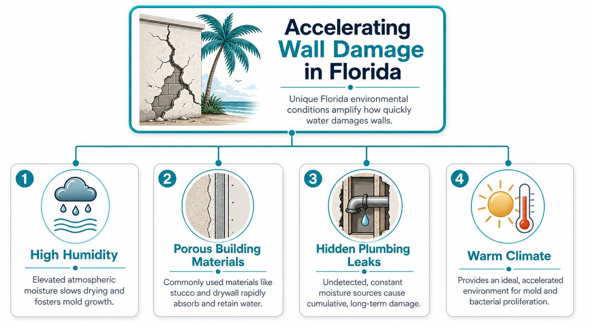 An infographic detailing four environmental factors in Florida that accelerate the spread of water wall damage.
