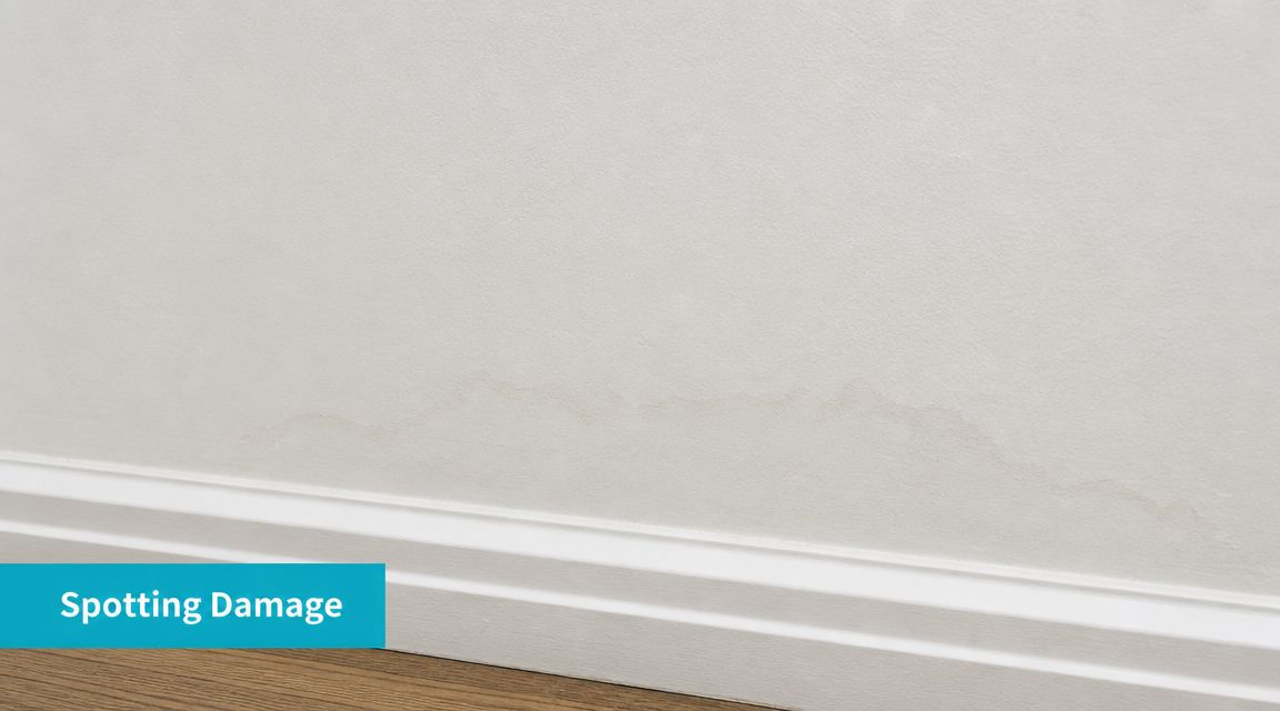 A light colored wall displaying visible signs of water damage stain spreading near the baseboard.