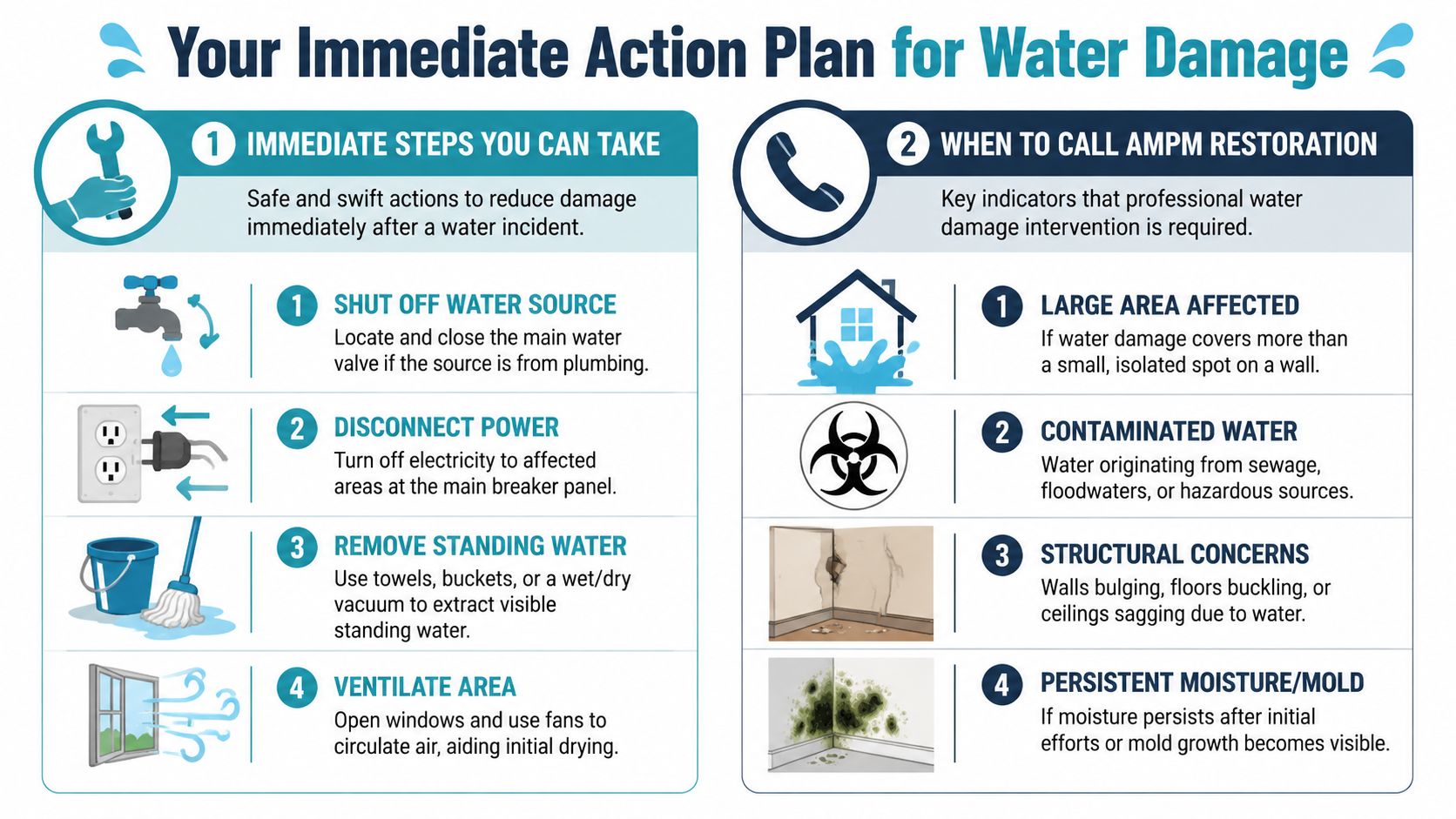 An instructional infographic detailing immediate actions for water damage and signs requiring professional restoration services.