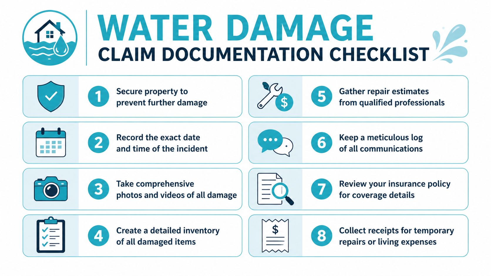 A checklist infographic outlining eight essential steps to document a water damage insurance claim for homeowners.