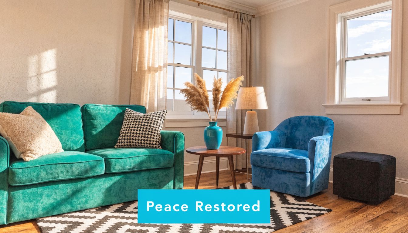 A cozy, sunlit living room featuring a teal sofa, a blue accent chair, and a patterned rug.