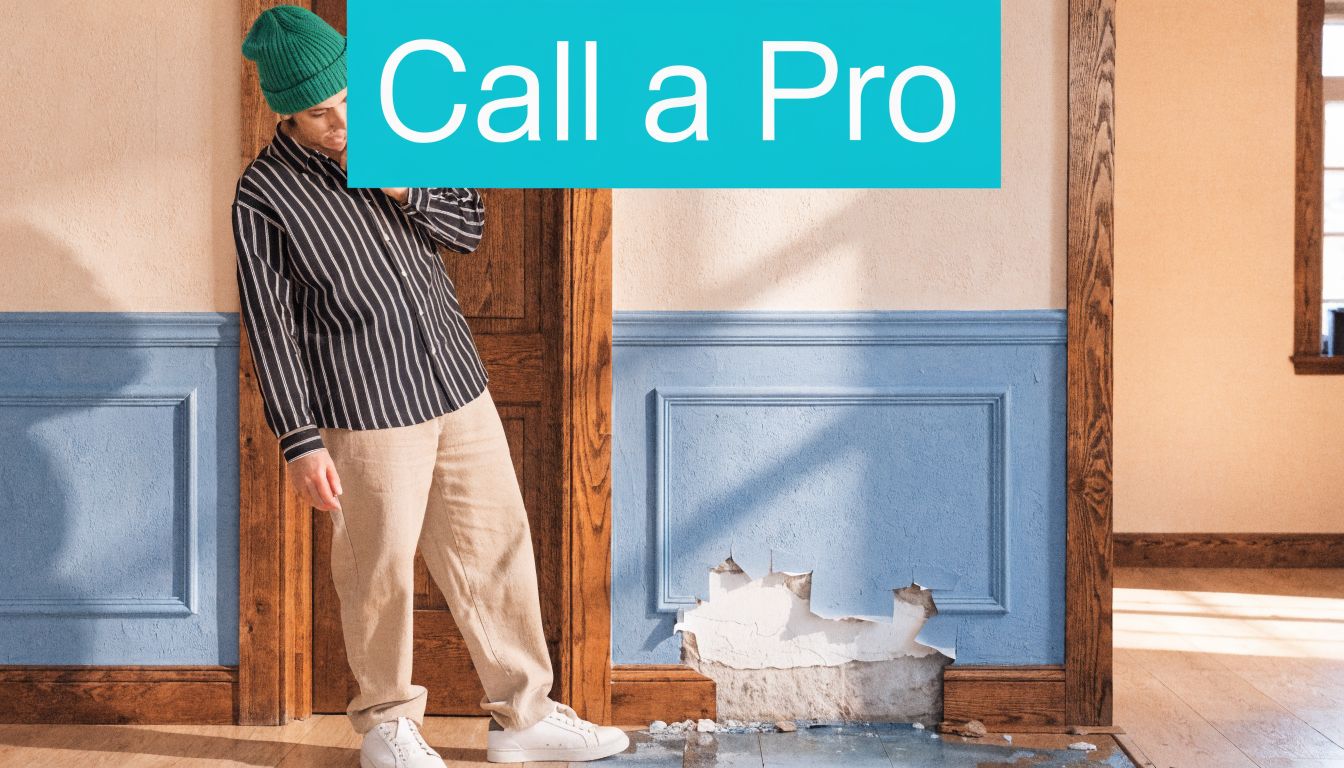 A young man standing in a home with damaged blue walls and a water leak problem.