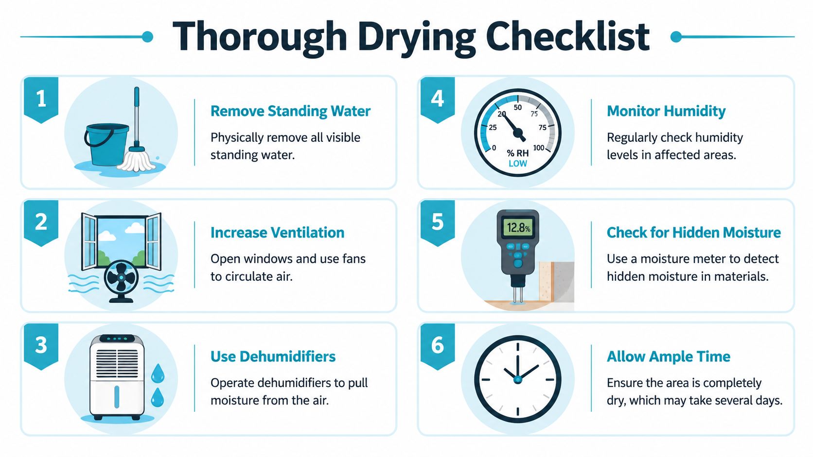 A six-step checklist infographic illustrating essential methods for thorough drying to prevent mold after water damage.