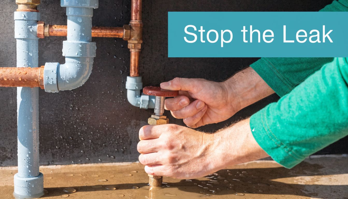 A pair of hands tightly closing a manual water valve to stop a leak in home piping.
